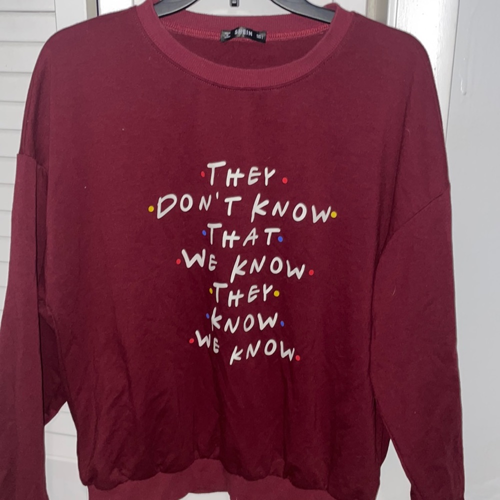 “Friends” Crewneck in red. Size large. Shein.